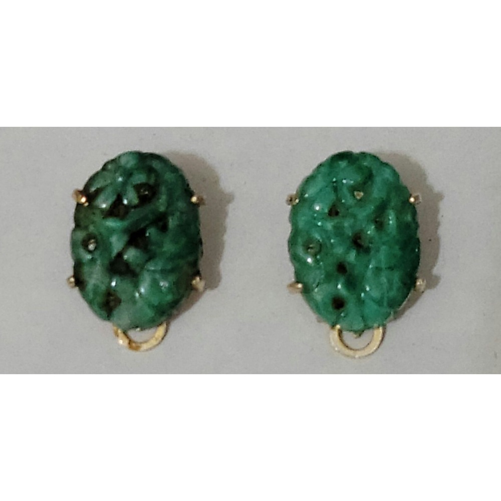 Vintage Earrings Clip On Marvella Green Jade Glass Pierced Oval Signed Asian